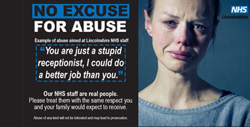 A woman crying with the text no excuse for abuse our nhs staff are real people please treat them with the same respect you and your family would expect to receive